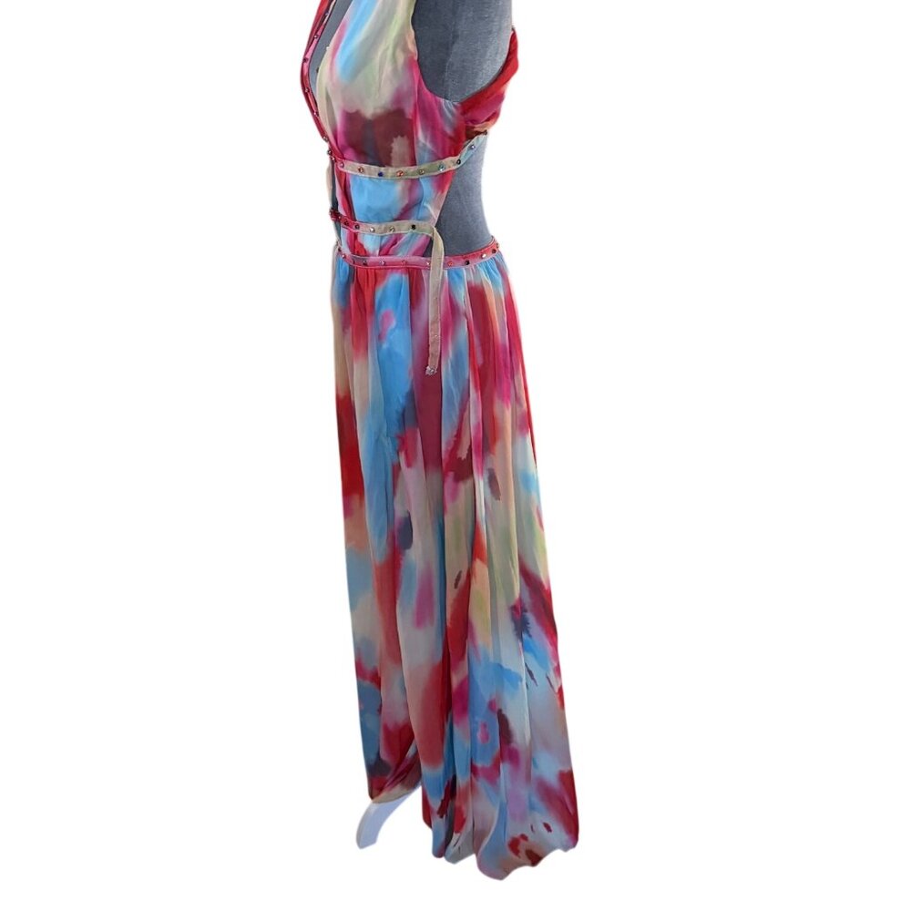 Multicolor Sleeveless Maxi Dress With Rhinestone Straps & High Slit - Picture 5 of 7